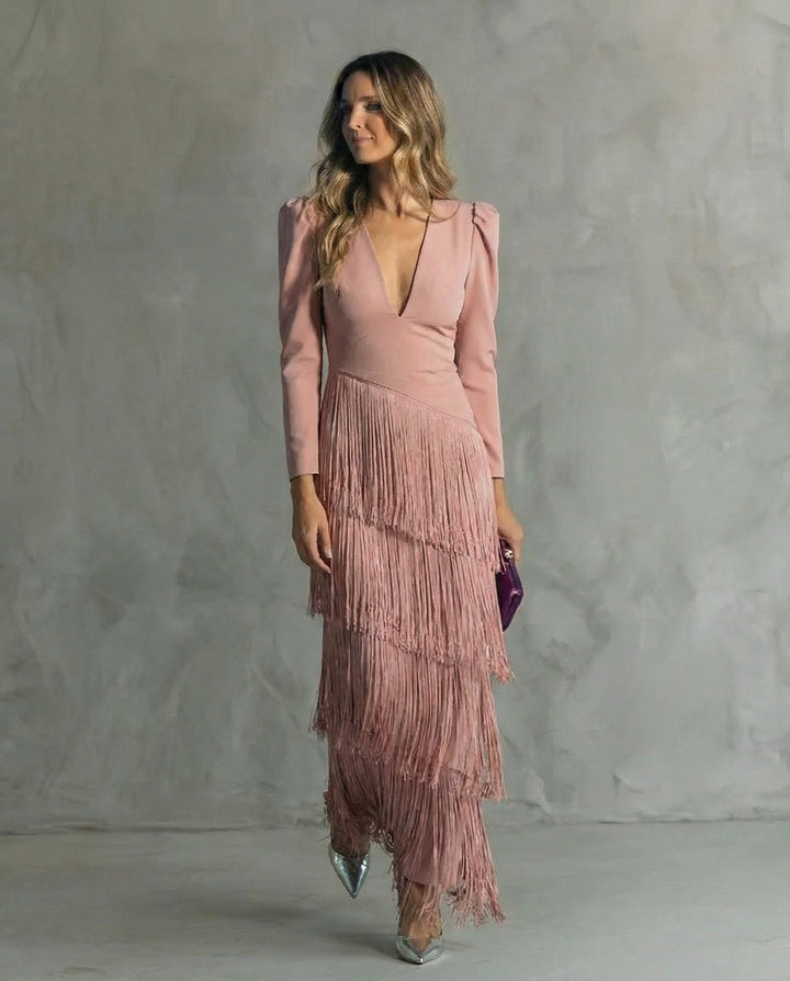 Violet  Elegant midi dress with fringe sleeves