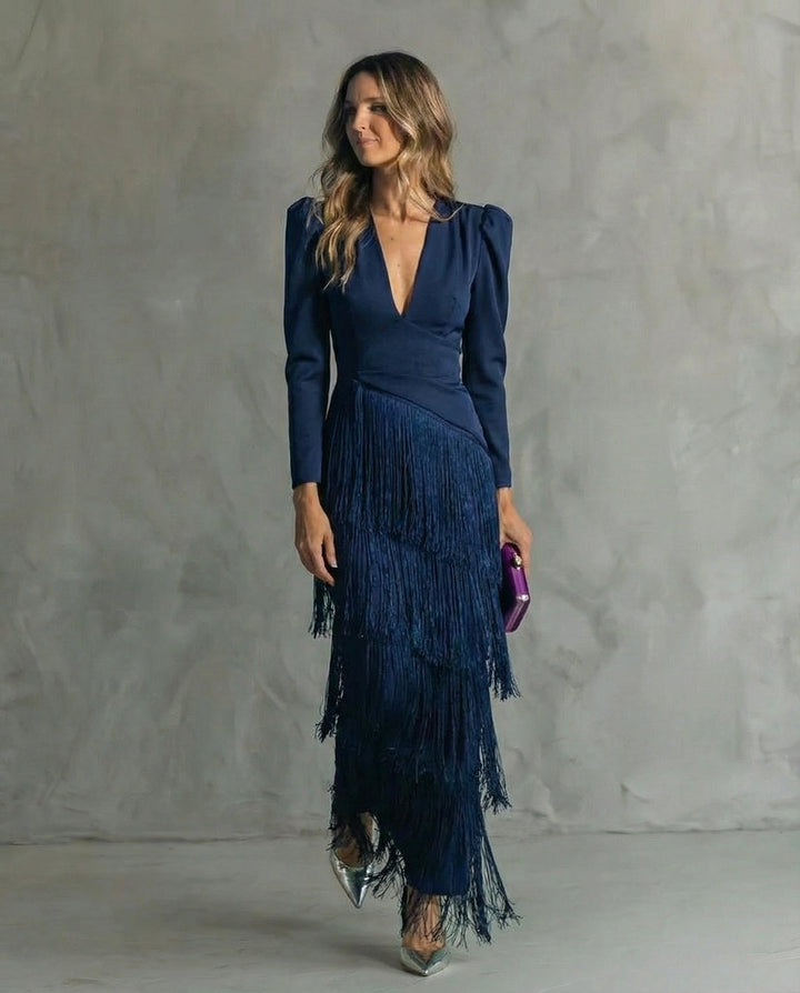 Violet  Elegant midi dress with fringe sleeves